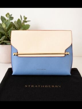 Strathberry East/West Bi-Color Leather Bag Vanilla/Alice Blue Gold Bar Crossbody